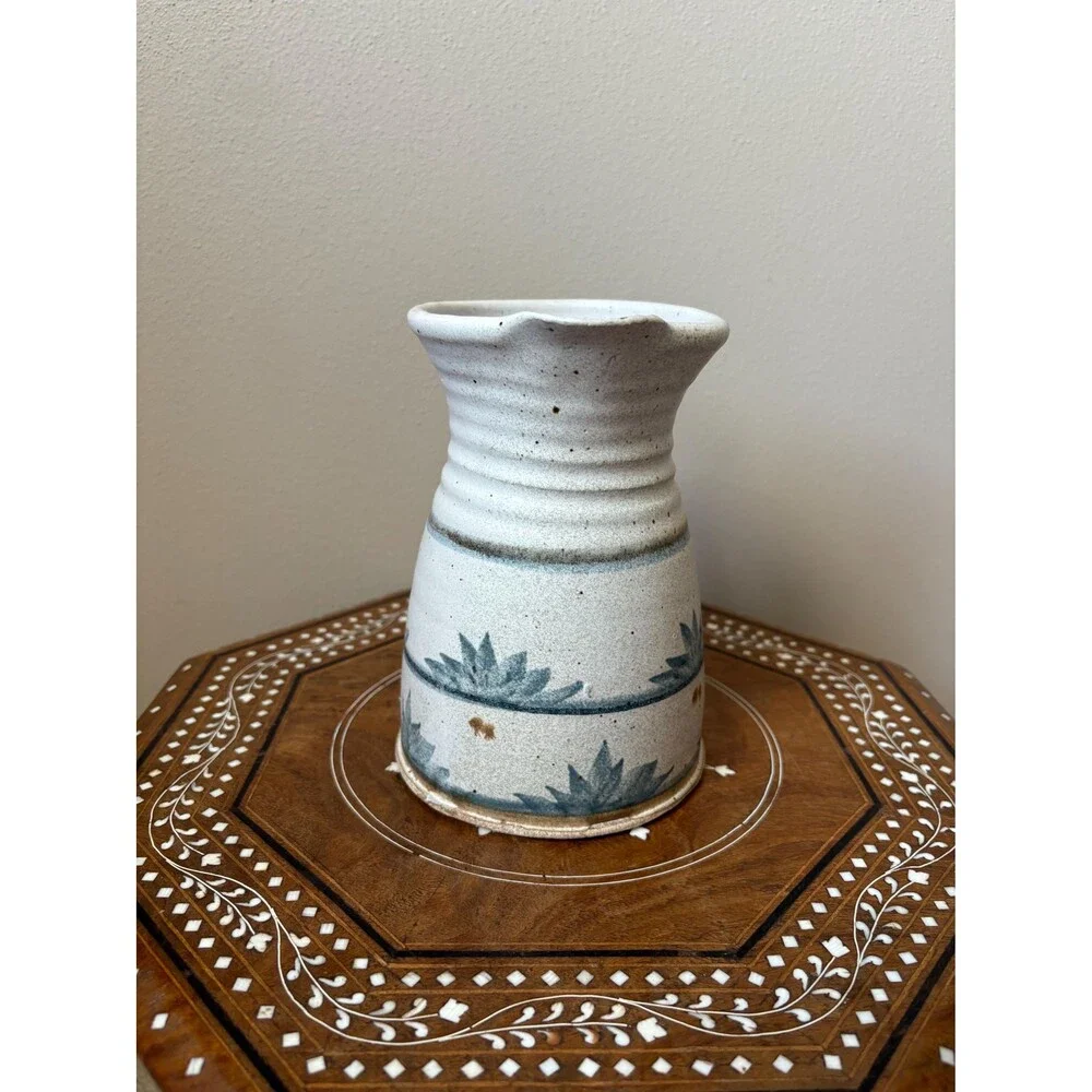 Vintage Speckled Stoneware Pottery Pitcher Vase Blue Florals Leafs Artist Signed